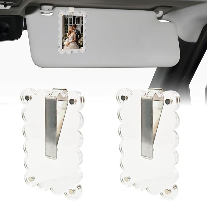 2Pcs Magnetic Car Visor Photo Holder, Scalloped Transparent, 2.4 x 3.5 in | Clear Acrylic Car Picture Frame, Personalized Picture Frame Clip for Sun Visor, For Family, Pets, Travel Photos by Nirvany-MakeACoolLifeForU