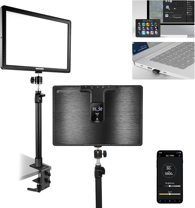 NEEWER 15.5" LED Streaming Key Light, Clamp on Desk Panel Video Lighting for Gaming Recording Zoom Call, CRI97+, 2.4G PC/Mac iOS/Android APP Control, Compatible with Elgato Stream Deck, GL1 PRO Black | Video Lighting Gaming Recording Zoom Call, CRI97+,... by Neewer
