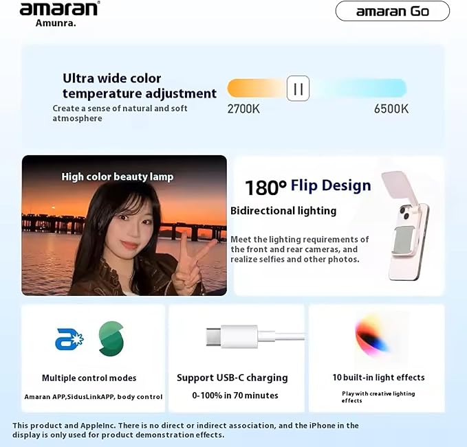 Amaran Go Magnetic Selfie Phone Light,Dual LED Light Source (Blue) | with Adjustable Mirror Light CCT 2700K-6500K,Rechargeable for Selfie,Makeup,Video Conference,TikTok,for iPhone & Android - Image 6