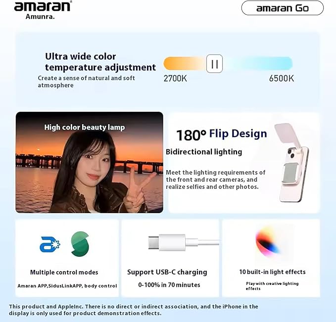 Amaran Go Magnetic Selfie Phone Light,Dual LED Light Source (Charcoal) | with Adjustable Mirror Light CCT 2700K-6500K,Rechargeable for Selfie,Makeup,Video Conference,TikTok,for iPhone & Android - Image 6