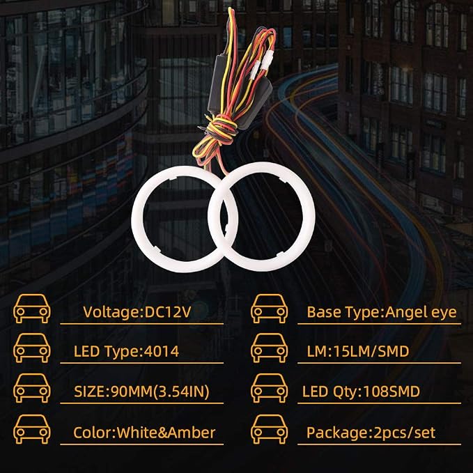 Qasim 1-Pair 90MM White+Amber Switchback 108SMD 4014 LED Halo Ring Angel Eyes Led DRL Fog Light Turn Signal Lamps 12V - Image 2