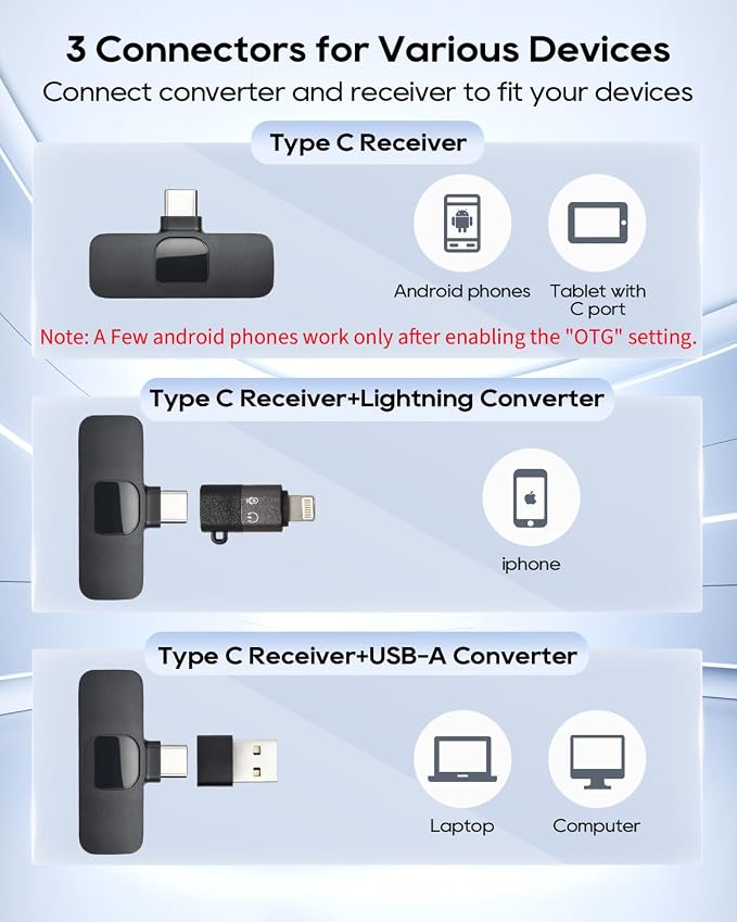 Mini Microphone for iphone Android Phone Tablet ipad PC, Usb C Wireless Lavalier Mic for Video Recording Vlogging Youtube Tiktok Podcast Interview content creators, Tiny Microphones Clip on Mics Black - Image 3