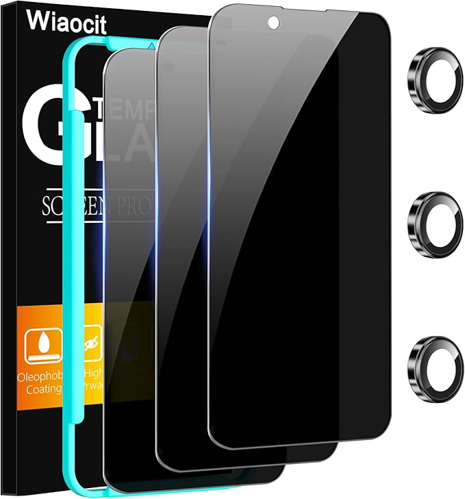 Wiaocit Tempered Glass Privacy Screen Protector for iPhone 16e/iPhone 17e | 3+3 Pack, 9H Hardness, Camera Lens Protector, Installation Frame, Bubble Free, Case Friendly by Wiaocit