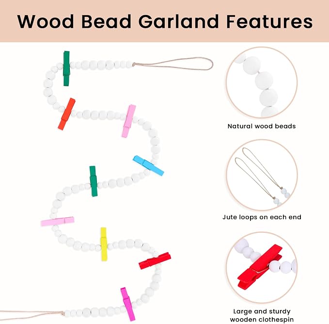 KLOGTSIND Hanging Photo Display, Boho Wood Bead Garland Wall Decor | Photo Banner with 9 Wooden Clips for Bedroom, Living Room, Office, Dorm Decor, Pictures Postcards Holder Teen Girl Gifts - Image 5