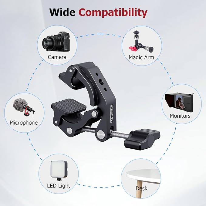 Came-TV Universal 18-50mm Camera Clamp Mount for Insta360/GoPr0, Heavy-Duty Aluminum Alloy with 1/4" & 3/8" Threads, Motorcycle Mirror/Car Headrest Rod Clamp for Camera/LED Light/Microphone - 61012 - Image 5