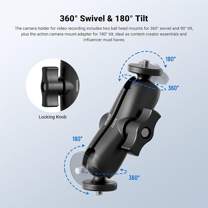 NEEWER Motorcycle Bicycle Handlebar Clamp Holder Magnetic Car Mount Accessories Kit Compatible with Insta360 X5 X4 X3 GoPro DJI AKASO Action Cameras, 360° Ball Heads for POV Video Recording, CA175 - Image 3