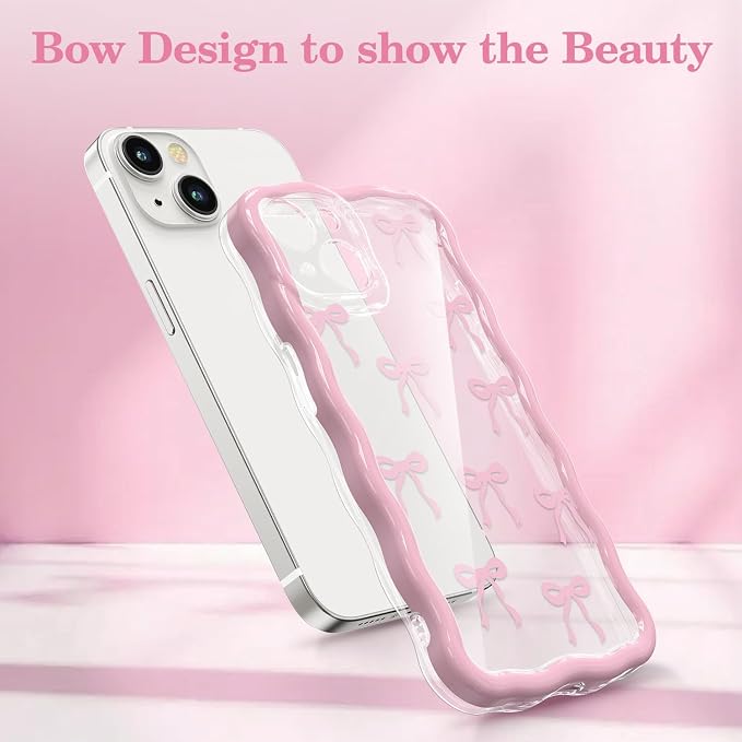 QLTYPRI for iPhone 14 Plus/15 Plus Pink Bow Case,Clear Cute Pink Ribbon Bow Phone Case Curly Wavy Aesthetic Phone Cover,Soft Slim Transparent TPU Shockproof Protective Cover for Women Girls-Ribbon Bow - Image 2
