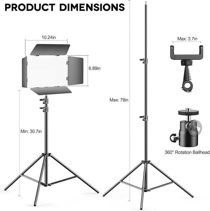 2 Pack LED Video Light Kit 79'' Tripod Light Stand, 30W 3000Lux Photography Light with Barndoor, CRI 98+ 2500K-8500K Studio Lights Panel Podcast Lighting for Video Recording/Game Live Streaming - Image 6