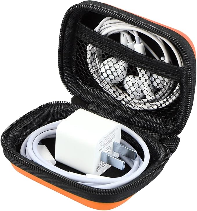 Earbud Case, RISETECH Hard EVA Earphone Travel Case Holder Headphone Small Zipper Pouch Compatible with Flash Drive, SD Cards, USB Charger Cable, AirPods, Sony Wired Earbuds with Keychain -Orange - Image 2