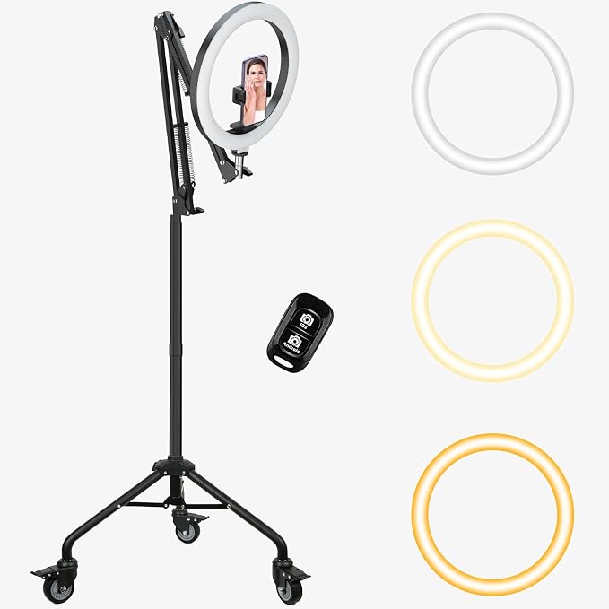 LUXSURE Ring Light Tripod for iPhone,Ring Light with Stand and Phone Holder,LED Overhead Camera Mount with Casters,Phone Tripod with Light and Remote for Video Recor - Image 3