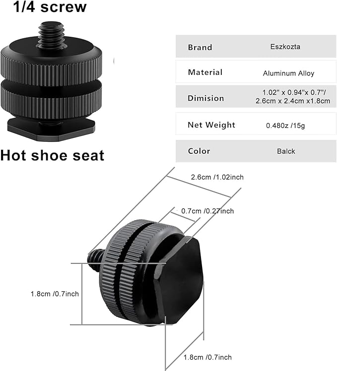 Camera Hot Shoe Mount(1 Pack) to 1/4"-20 Tripod Screw Adapter Flash Shoe Mount for DSLR Camera Rig - Image 3