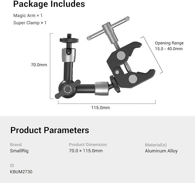 SMALLRIG Super Clamp w/ 1/4" and 3/8" Thread and 5.8 Inches Adjustable Friction Power Articulating Magic Arm with 1/4" Thread Screw for LCD Monitor/LED Lights - KBUM2730 (Pack of 2) - Image 7