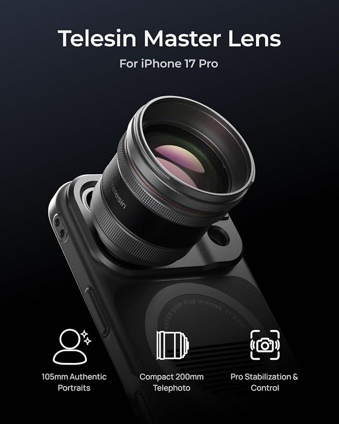 TELESIN 2X Telephoto Master Lens for iPhone 17 Pro with Hood, APP Pro EIS | 105mm Authentic Portraits, 200mm Equivalent Optical Telephoto Extender for Wildlife/Sports/Concert Portrait Photography - Image 2