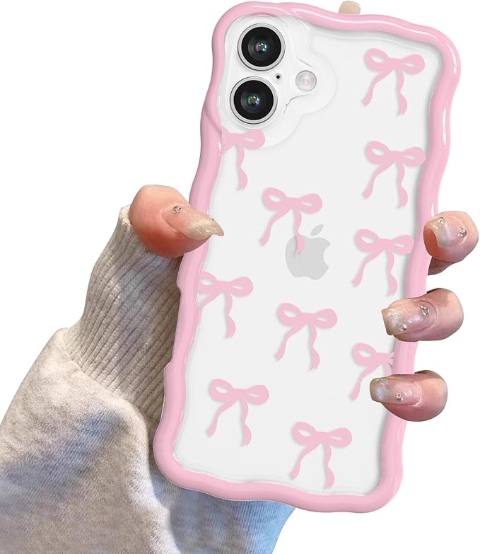 QLTYPRI for iPhone 16 Pink Bow Case, Clear Cute Pink Ribbon Bow Phone Case Curly Wavy Aesthetic Phone Cover, Soft Slim Transparent TPU Shockproof Protective Cover for Women Girls - Ribbon Bow - Image 7