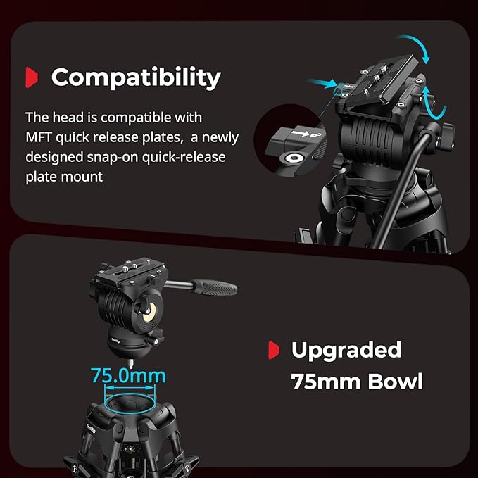 SmallRig FreeSpeed Heavy Duty Video Tripod, 74" Camera Tripod with 360° Fluid Head for Manfrotto Plate, One-Knob Quick Extend, 75mm Bowl, Load up 17.64lb for DSLR Mirrorless Camera, Camcorder- FSD14 - Image 6