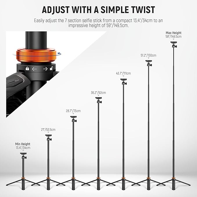 NEEWER BASICS 59"Selfie Stick Tripod Compatible with iPhone & DLSR Camera, Small Metal Compact Portable Travel Desk Stand with Remote Ball Head 2in1 Cell Phone Holder Mount for Video Recording Filming - Image 4