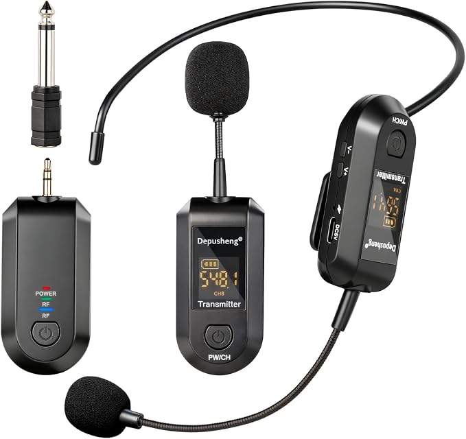 Depusheng 2.4G Wireless Microphone Headset,Lavalier and Handheld Mic 160ft Range,with 1/8''&1/4'' Plug for PA System,Voice Amplifier by Depusheng