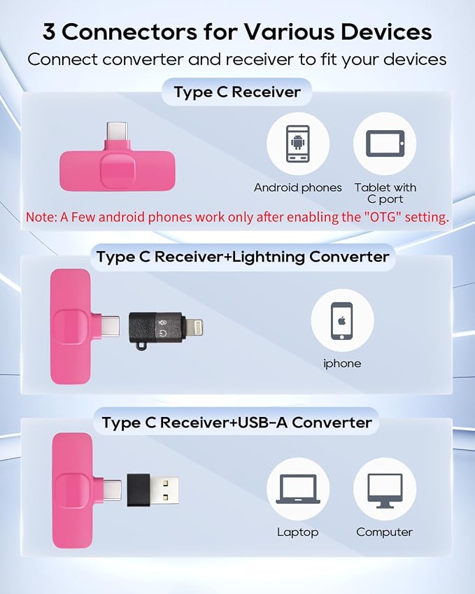 Mini Microphone for iphone Android Phone Tablet ipad PC, Usb C Wireless Lavalier Mic for Video Recording Vlogging Youtube Tiktok Podcast Interview content creators, Type C Tiny Microphones Rose Pink - Image 3