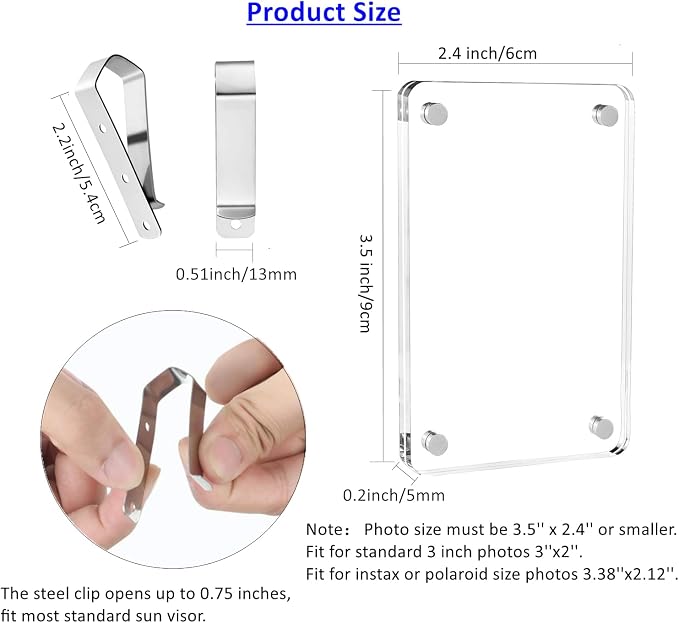 4-Pack Car Sun Visor Photo Clips 2.4x3.5", Magnetic Acrylic Picture Holder | Clear Magnetic Picture Holder Resists 212°F/100°C Heat, Clips to Car Sun Visor, Personalized Photo Frame Gifts for Car Lovers - Image 2