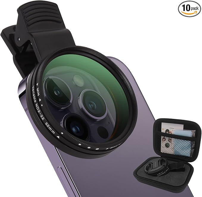 52MM Clip-on Variable ND2-32(1-5 Stops) Phone Lens Filter Kit, Ultra Slim Multi-Coated Adjustable Neutral Density Filter, Compatible for iPhone 16 15 14 13, Google Pixel and Other Smart Phones by Boysinglens