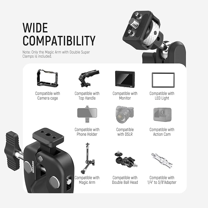 NEEWER Double Super Clamp Camera Mount with Magic Arm, NATO Interface, Cold Shoes, 1/4" Locating Holes for ARRI, Desk Studio Photography Light Stand Pole Cross Bar Umbrella Holder Clamp Mount, UA060 - Image 6