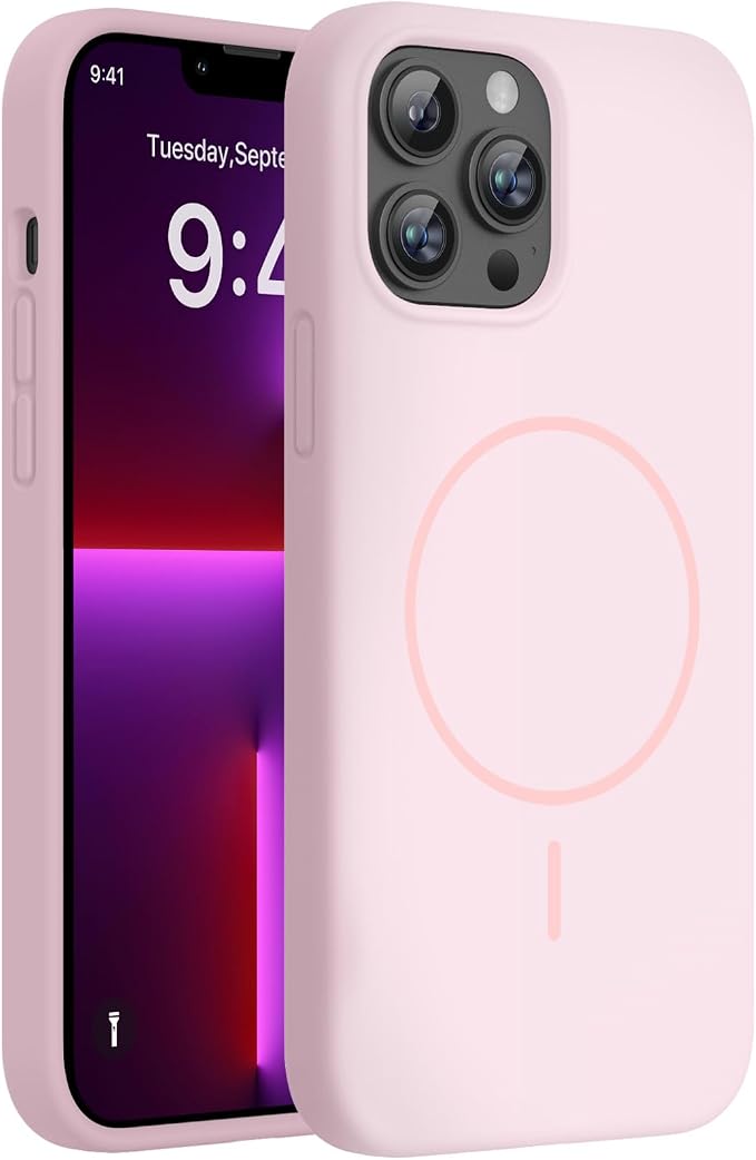 miracase Magnetic for iPhone 13 Pro Max Case, [Soft Anti-Scratch Microfiber Lining], Compatible with MagSafe, Liquid Silicone Shockproof Drop Protection Phone Case for 13 Pro Max, Sand Pink by Miracase