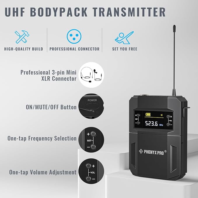 Phenyx Pro 4-Ch UHF Handheld/Bodypack Wireless Microphones PTU-5200-2H2B | 2 Handheld Mics, 2 Bodypacks, Headset/Lapel Mics, 4 x 25 Frequencies, 200 ft Range, Stage Vocals, Karaoke, Church Services - Image 4