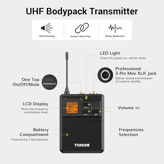 TONOR Wireless Microphones System with Metal 1 Cordless Mic and 1 Headset/Lapel/Lavalier Mic, Bodypack Transmitter, Receiver for Karaoke Church Singing Party PA Speaker, 2*15 Channels 60 m/200ft Range - Image 5