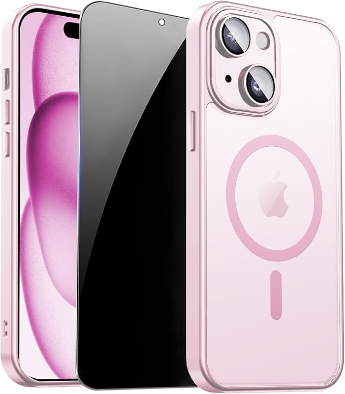 for iPhone 15 Plus Case with Privacy Screen Protector, Pink | Full Camera Protection, Translucent Matte Magnetic, Compatible with MagSafe, Shockproof Phone Cover, Slim Fit Women/Girls by ZOZDOKG