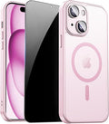 for iPhone 15 Plus Case with Privacy Screen Protector, Pink | Full Camera Protection, Translucent Matte Magnetic, Compatible with MagSafe, Shockproof Phone Cover, Slim Fit Women/Girls by ZOZDOKG