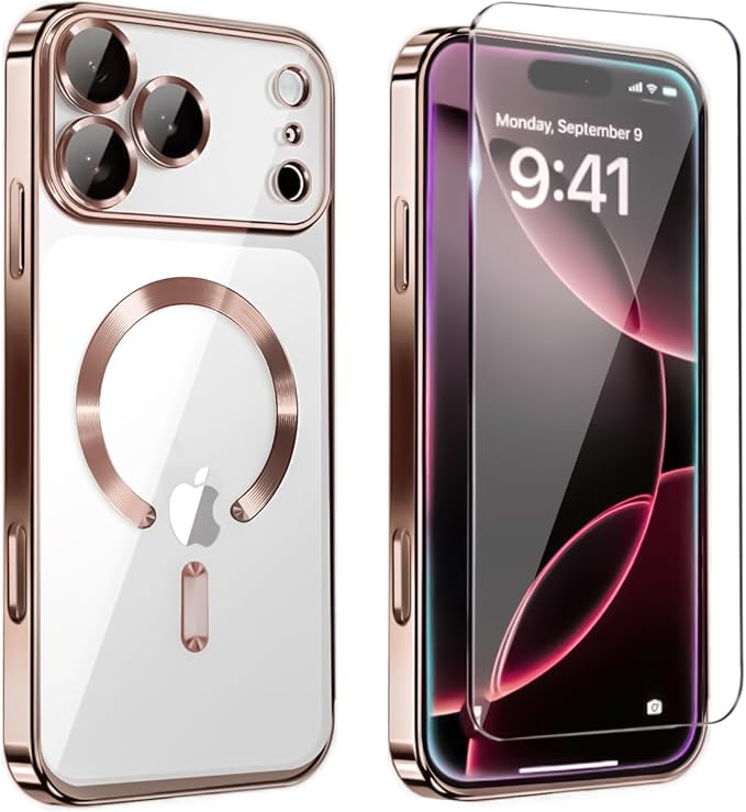 Magnetic Glossy Case for iPhone 17 Pro Max,iPhone 17 ProMax Phone Case Slim Clear Luxury with Screen Protector & Camera Protector [Compatible with MagSafe],Shockproof Cover for iPhone 17 Max-Rose Gold by Unknown