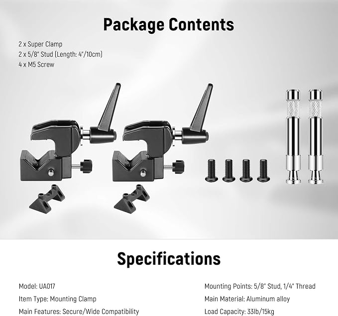NEEWER 2 Pack Super Clamp with 5/8" Stud, Spring Lock, 2.4" Jaw Grip Heavy Duty Crab Pole Clamp for Round Pipe Flat Surface, for Photography Studio Camera Lighting Mounting, Max Load 33lb/15kg, UA017 | Heavy Duty Crab Pole Clamp, for Round Pipe Flat Su... - Image 9