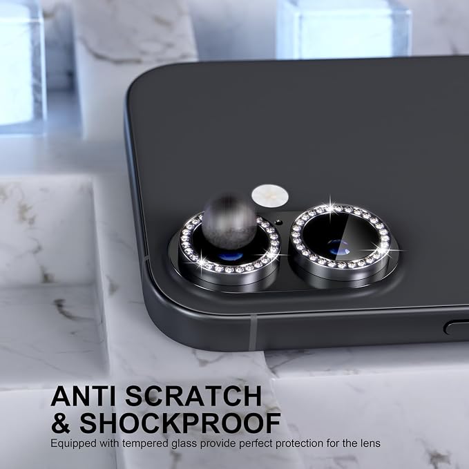 Choiche for iPhone 17 Camera Lens Protector Bling, Diamond-Black | Ultra HD, 9H Tempered Glass Camera Cover Screen Protector Metal Individual Ring Decoration Accessories, 2-Lens, 6.3-inch - Image 3