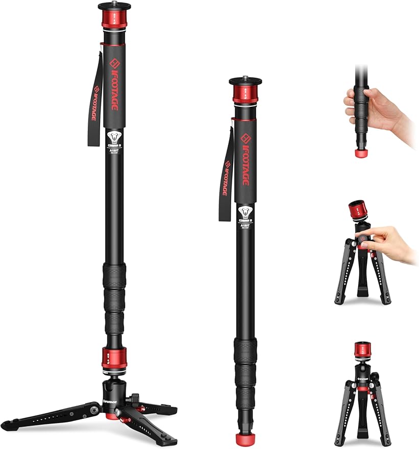 IFOOTAGE Cobra 3 A180T Camera Monopod with Feet 71" | Aluminum Monopod Camera Stand Compatible with Sony Canon Nikon DSLR Cameras, Stable Feet Design, Payload 17.64lbs/8KG by IFOOTAGE
