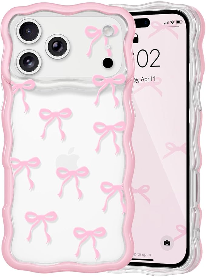 QLTYPRI for iPhone 17 Pro Pink Bow Case, Clear Cute Pink Ribbon Bow Phone Case Curly Wavy Aesthetic Phone Cover, Soft Slim Transparent TPU Shockproof Protective Cover for Women Girls - Ribbon Bow by QLTYPRI