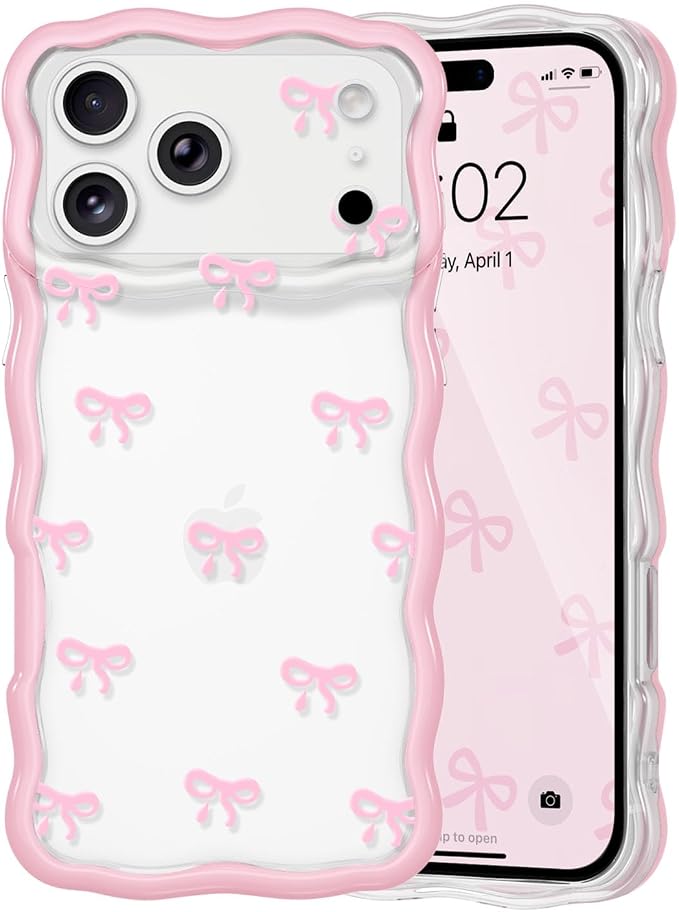 QLTYPRI for iPhone 17 Pro Max Pink Bow Case, Clear Cute Pink Ribbon Bow Phone Case Curly Wavy Aesthetic Phone Cover, Soft Slim Transparent TPU Shockproof Protective Cover for Women Girls - Tiny Bow by QLTYPRI