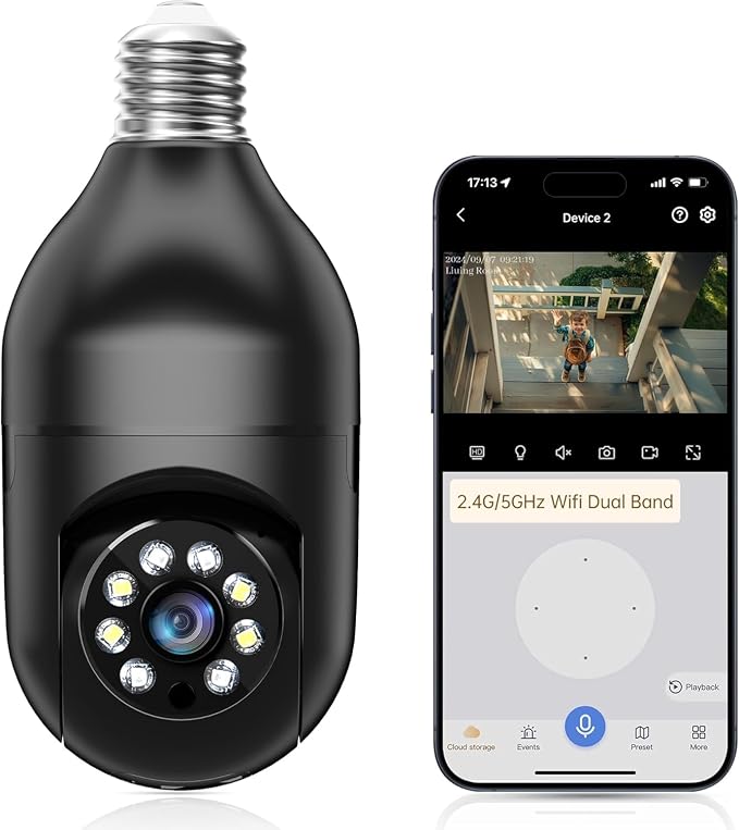 WESECUU Light Bulb Security Camera -5G& 2.4GHz WiFi 2K Security Cameras Wireless Outdoor Motion Detection and Alarm,Two-Way Talk,Color Night Vision,Human Detection, Bulb Camera Compatible with Alexa by WESECUU