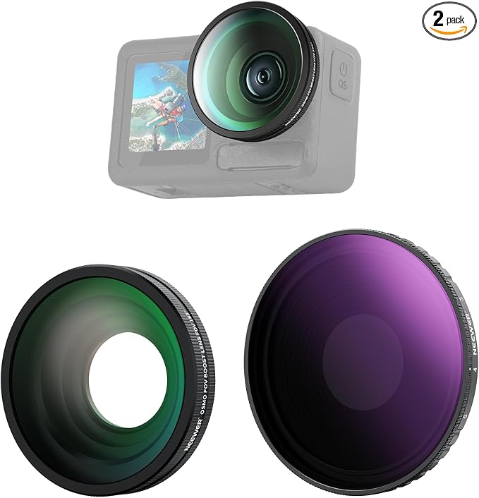 NEEWER Variable ND Filter Lens Kit Compatible with DJI Osmo Action 5 Pro/4, Screw On Multicoated HD Optical Glass ND8-32 (3-5 Stops) + 185° FOV Wide Angle Lens Action Camera Accessories, FL-54 by Neewer