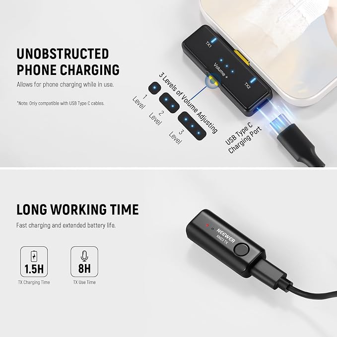 NEEWER Lavalier Wireless Microphone System, 1x USB C Receiver with OTG Adapter & 1x Noise Cancelling Omnidirectional Condenser Transmitter Compatible with iPhone 16 Pro Max S24 Ultra, KM23 - Image 6