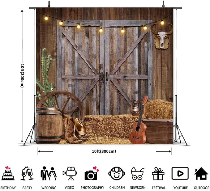 Western Cowboy Backdrop 10x10ft Western Party Decorations Wild West Saloon Rodeo Barn Photography Background Cowboy Theme Birthday Party Decor Banner Photoshoot Supplies - Image 5
