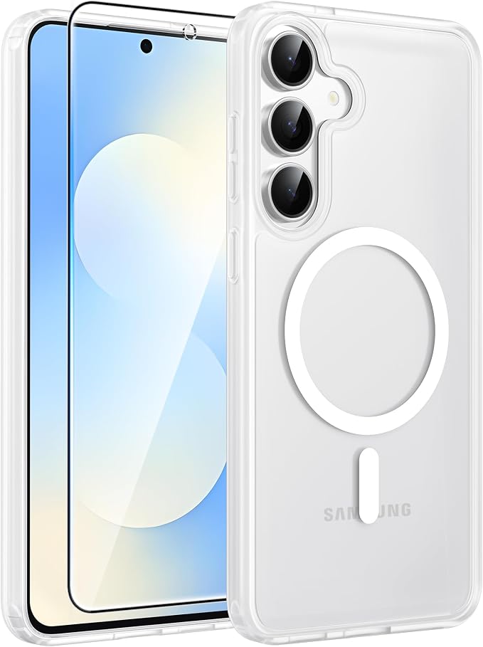 FNTCASE for Samsung Galaxy S25 FE Case, Fit for Magsafe, Screen Protector | Translucent Matte Magnetic Back, 14FT Military Grade Drop Protection, Slim Shockproof Protective Phone Cover, White by FNTCASE