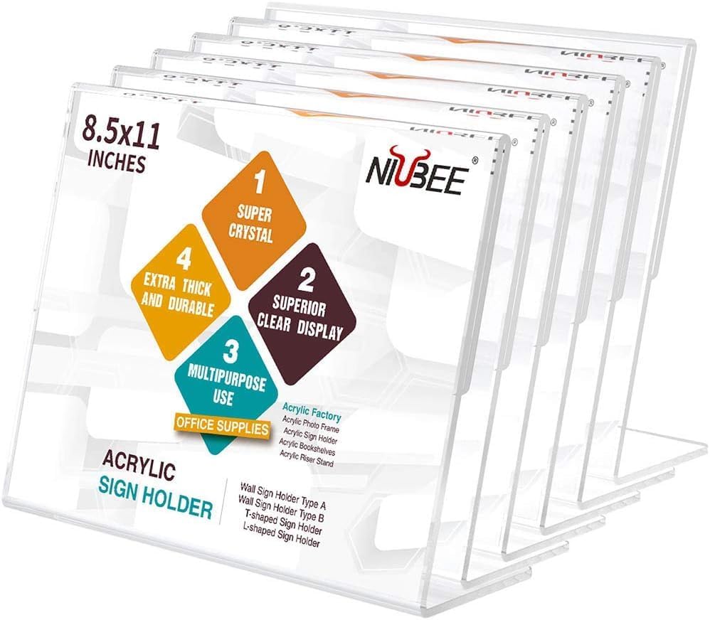NIUBEE Acrylic Sign Holder 8.5 x 11 Horizontal L-Shape Flyer Stand 6 Pack by NIUBEE