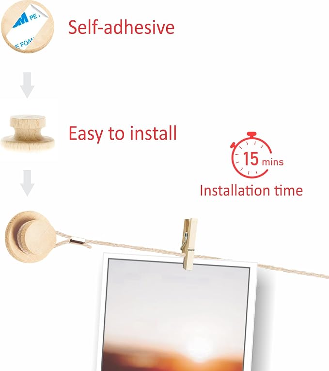 Hanging Photo Display Room Wall Decor - Sculptural Picture Frames Collage - 5 Strings with 30 Clips - 3M Self Adhesive Hooks - No Holes Drilling - 30 x 30 inch - Image 3