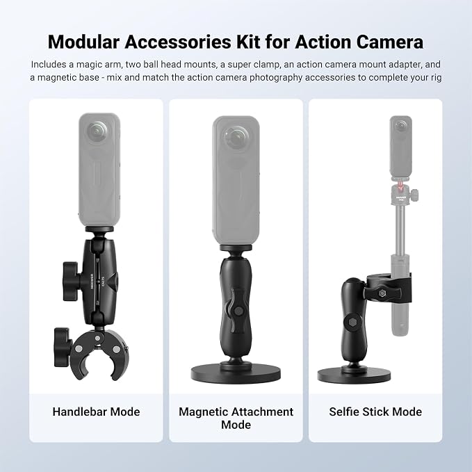 NEEWER Motorcycle Bicycle Handlebar Clamp Holder Magnetic Car Mount Accessories Kit Compatible with Insta360 X5 X4 X3 GoPro DJI AKASO Action Cameras, 360° Ball Heads for POV Video Recording, CA175 - Image 2