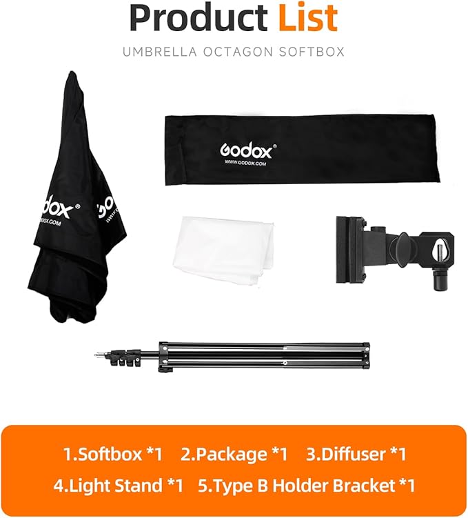 Godox Photo Studio 80cm 31.5in Portable Octagon Umbrella Softbox | 190cm Light Stand with Hot Shoe Holder Bracket kit for Flash Speelidte - Image 3