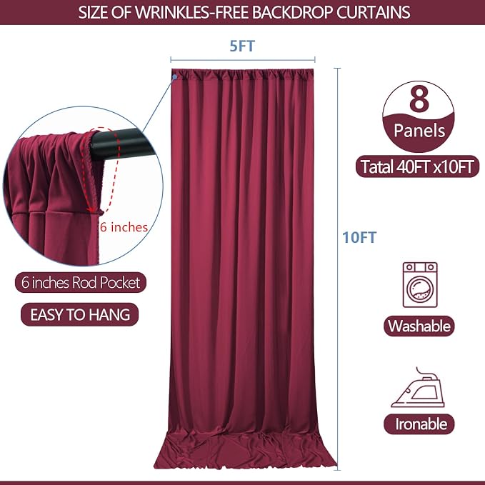 ESGOTBME 40x10ft Wrinkle Free ‌Burgundy Backdrop Curtain for Parties Soft Fabric Drapes Wedding ‌Curtain Backdrop for Birthday Party Decorations Background for Photography 5x10ft, 8 Panels - Image 4