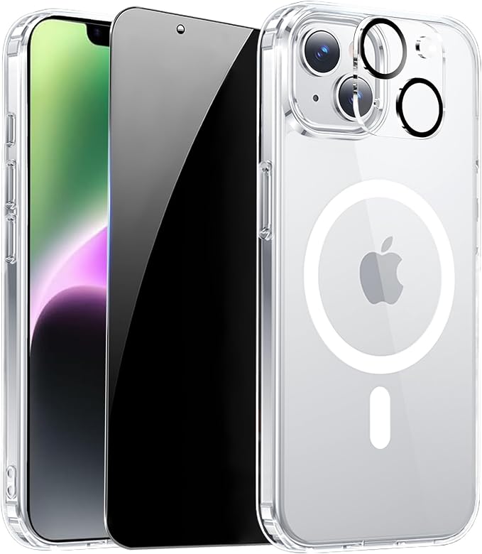 for iPhone 14 Case Clear with Privacy Screen Protector | Full Camera Protection, Transparent Magnetic, Compatible with MagSafe, Shockproof Phone Cover, Slim Fit by ZOZDOKG