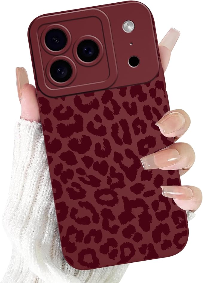 Cute Burgundy Cheetah Print Phone Case for iPhone 17 Pro Max 6.9" | Aesthetic Leopard Pattern Design Cover Full Camera Lens Protective Shockproof Soft Slim TPU Funda for Women Girls by Unknown