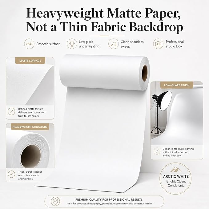 Yizhily Seamless White Backdrop Paper Roll, 53" x 16.4', Heavyweight Matte Stinger Photo Background for Small Studio Headshots, Tabletop Product & Food Photography | Product photography; creative sets; event portraits; tabletop shoots; small studio pho... - Image 7