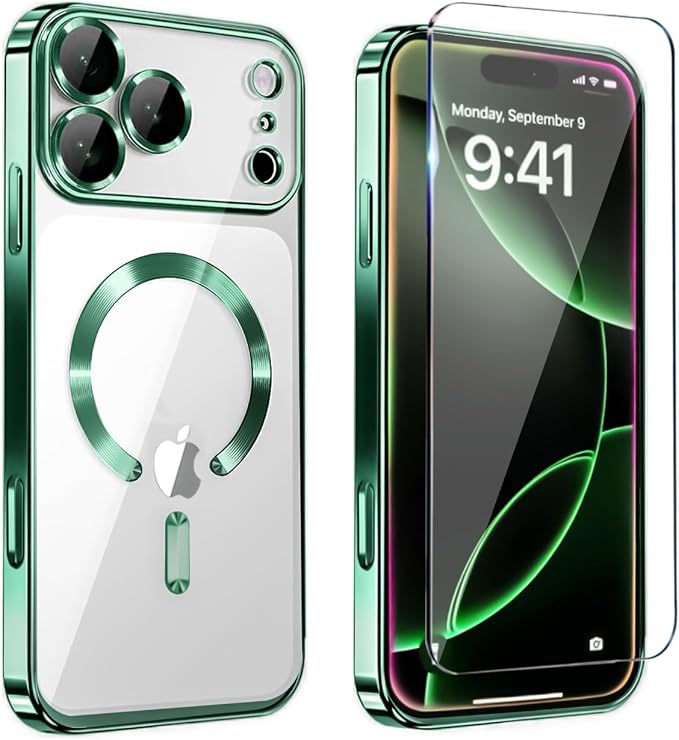 Magnetic Glossy Case for iPhone 17 Pro Max,iPhone 17 ProMax Phone Case Slim Clear Luxury with Screen Protector & Camera Protector [Compatible with MagSafe], Shockproof Cover for iPhone 17 Max-Green by Unknown